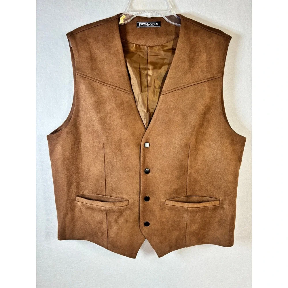 PJ Paul Jones Mens Western Faux Suede Vest Brown Cowboy Waistcoat XL